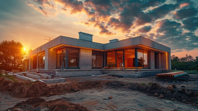 Minimal single-story house under construction, AI generated for ads