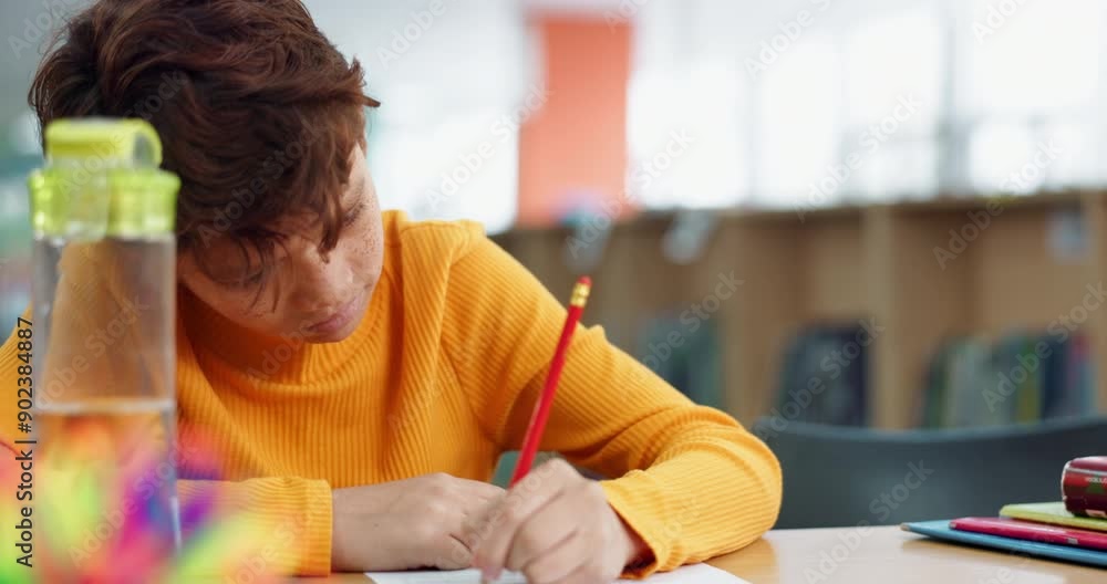 Poster Boy, education and writing at library in school with notebook for assessment or assignment. Kid, studying and problem solving with stationery for project for child growth and brain development