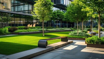 Modern office park with green lawn, trees, and a stylish bench, creating a serene and professional outdoor space.