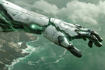 Futuristic robotic arm with intricate details symbolizing advanced technology and digital innovation in a high tech environment.