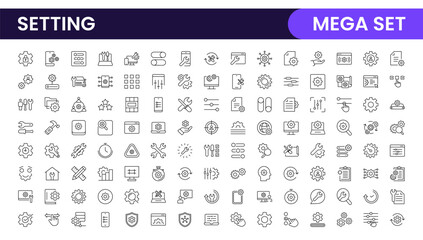 Settings, icon set. Containing options, configuration, preferences, adjustments, operation, gear, control panel, equalizer, management, optimization and productivity icons.