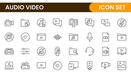 Audio Video Icons Pack. Thin line icons set. Flat icon collection set. Simple outline icons.