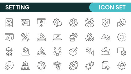 Settings, icon set. Containing options, configuration, preferences, adjustments, operation, gear, control panel, equalizer, management, optimization and productivity icons.