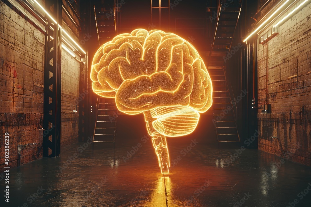 Poster glowing brain in a dark warehouse symbolizing intelligence and technological innovation in a high te