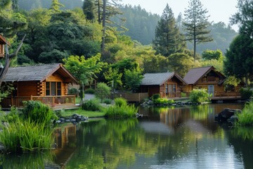 Wooden Cabins Nestled by a Serene Lake