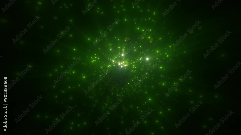Poster abstract bright green glowing background with flying dots circles bokeh energy particles and light r