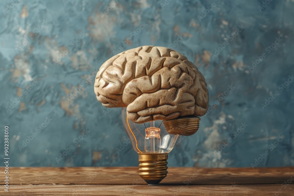 Poster glowing brain in a light bulb representing creativity and innovation in a high tech artistic setting