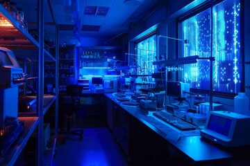 Blue Lit Laboratory Interior with Modern Equipment