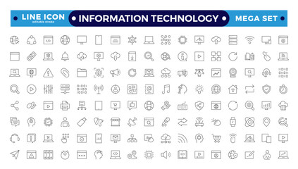 Information technology thin line icons set. Information Technology outline icon collection. Programming, Network, Website, Process, Internet, Data, Technology symbol. Editable stroke outline icon.
