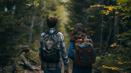 Fototapeta premium Friends on hiking route traveling together fun activity mountains nature sports healthy lifestyle summer travel carrying backpack 