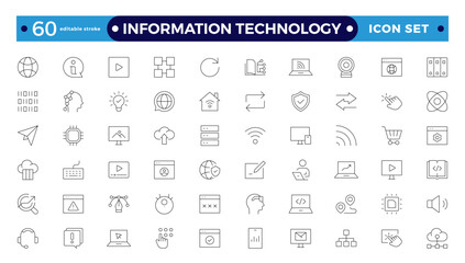 Information technology thin line icons set. Information Technology outline icon collection. Programming, Network, Website, Process, Internet, Data, Technology symbol. Editable stroke outline icon.
