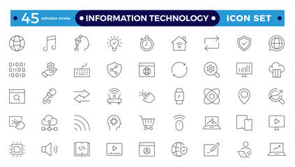 Information technology thin line icons set. Information Technology outline icon collection. Programming, Network, Website, Process, Internet, Data, Technology symbol. Editable stroke outline icon.
