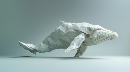 Geometric Origami Whale Artwork In Minimal Studio Scene Conveying Ocean Majesty Precision Craft And Concept Driven Visual Storytelling