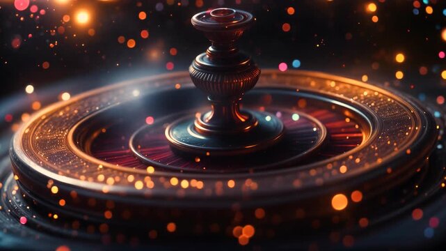 A roulette wheel spins at night, with lights illuminating the scene.
