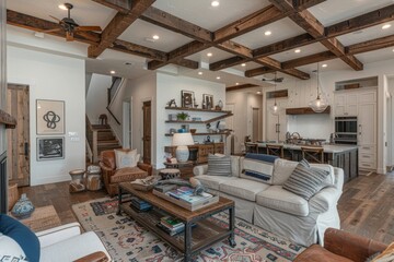 Obraz premium Spacious Living Room with Exposed Wooden Beams and a Cozy Atmosphere
