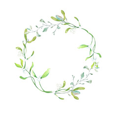 Wreath Mistletoe Sprigs and Eucalyptus . Watercolor Illustration. Design Elements for Cards, Invitations, Flyers, Posters, Home Textiles, Stationery