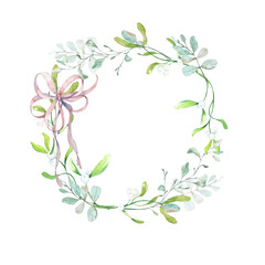 Wreath Mistletoe Sprigs and Eucalyptus . Watercolor Illustration. Design Elements for Cards, Invitations, Flyers, Posters, Home Textiles, Stationery