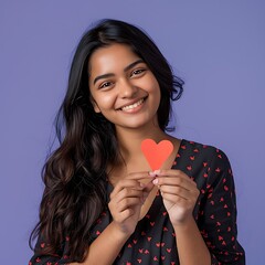 Indian happy woman holding a red heart pillow isolated on grey studio background.
