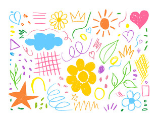 Doodle collection of flowers, hand drawn charcoal pencil strokes. Colorful seamless pattern, squiggles, cloud, leaves, branches for kids. Kids set with chalk collage elements. Design for banner, web.