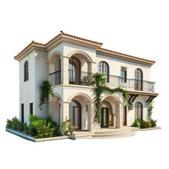 Obraz premium A beautifully designed two-story Mediterranean house is surrounded by vibrant greenery, featuring intricate balconies and sunny outdoor steps