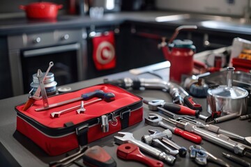 Plumberâ€™s toolkit and various equipment placed on a kitchen surface, ready for plumbing repair and maintenance.