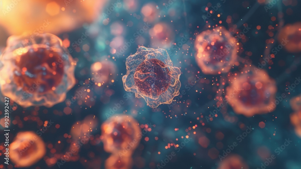 Aufkleber transparent cells float within a colorful microscopic environment, revealing complex biological desi