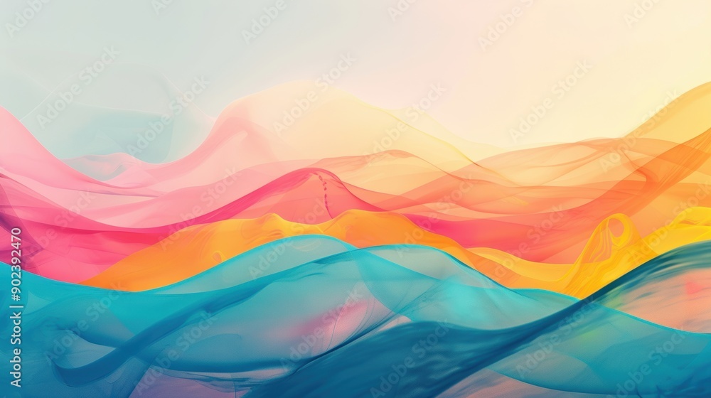 Poster colorful flowing waves create a mesmerizing pattern, blending hues in a serene, atmospheric setting