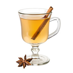 This warm beverage features a clear glass filled with spiced tea, garnished with a cinnamon stick and a star anise next to it, creating an inviting atmosphere