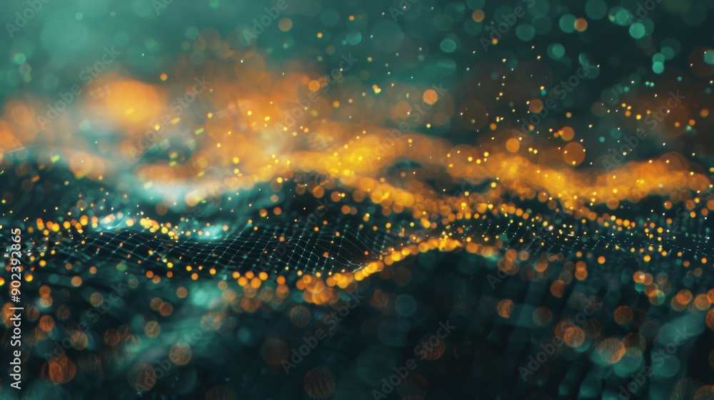 Poster a dynamic digital grid pulses with vibrant green and orange particles, creating an immersive abstrac