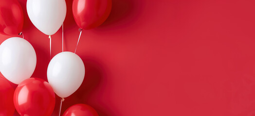 Elegant red and white happy birthday balloons on red background. Celebration concept. Copy space for text.