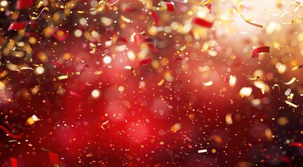 Glittering golden confetti on red texture background with bokeh lights. Abstract bright horizontal banner for new year, christmas festive event decoration and birthday party invitations