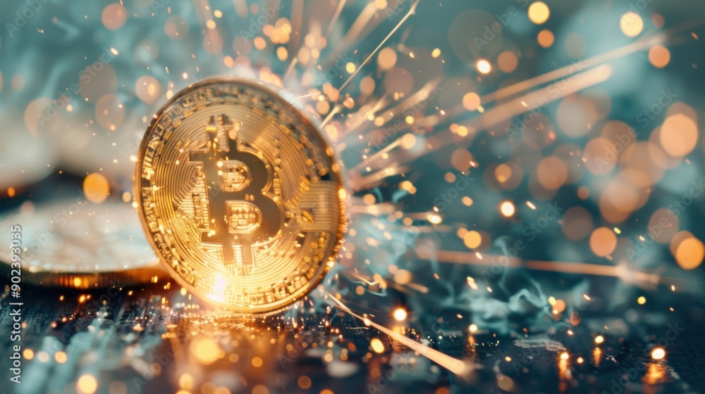 Poster a bitcoin ignites with electric sparks, creating a stunning visual display in a dynamic digital atmo