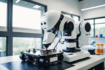 A robot sits on a table with a calm expression