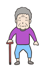 杖をついた高齢者の女性の全身