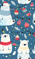 2D illustrated New Year card in a cute graphic style seamless pattern.