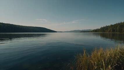 Fototapeta premium The lake’s peaceful surface highlighted by the soft hues of a summer morning