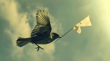 Fototapeta premium Bird Carrying White Flag: A small bird flying with a tiny white flag clutched in its beak. 