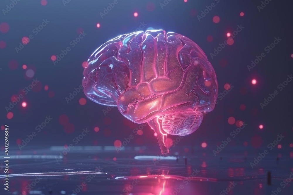 Poster neon brain in a futuristic cityscape symbolizing technological advancement and intelligence in a vib