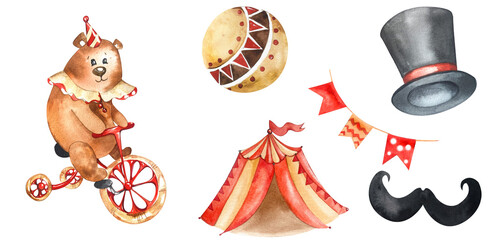 Vintage Circus Theme Set. Bear on Bicycle, Balloons, Tent, Flags, Magician's Hat and Mustache....