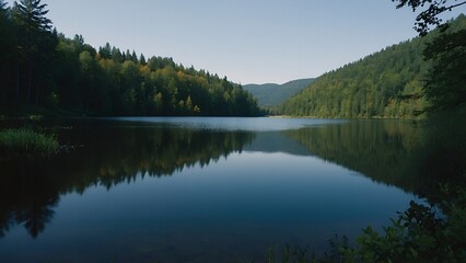 Fototapeta premium A picturesque lake scene with reflections of a peaceful fall morning