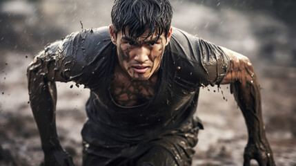Obraz premium Closeup of strong athletic man crawling in wet muddy puddle in the rain in an extreme competitive sport