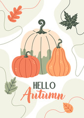 Happy harvest poster. Autumn pumpkins card. Fall season background.