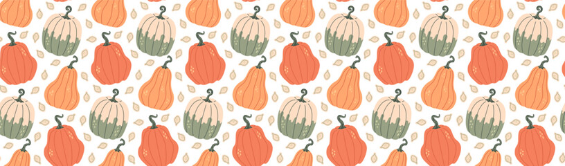 Autumn pumpkin pattern. Fall season vegetables background. 