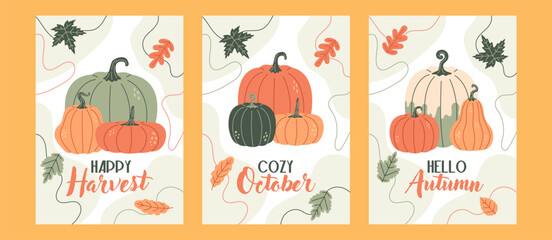 Happy harvest poster set. Autumn pumpkins card. Fall season background.