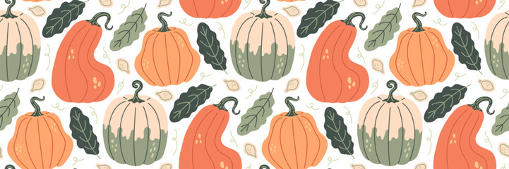 Autumn pumpkin pattern. Fall season vegetables background. 