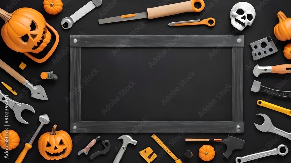 Wall mural halloween tools frame with pumpkins and black background