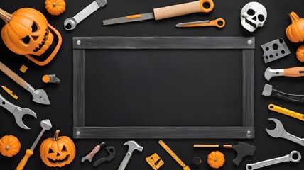 Halloween Tools Frame with Pumpkins and Black Background