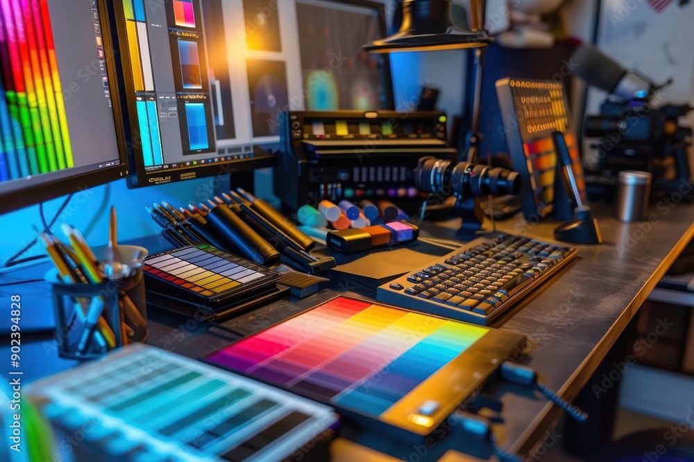 Poster professional color management tools arranged neatly on a desk, ready for precise calibration.