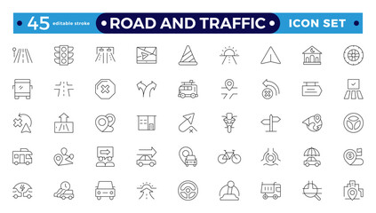 Road and traffic signs outline icons. Collection of warning, mandatory, prohibition and information traffic Street, transport, fuel, vehicle, location, car service icons. Editable stroke outline icon.