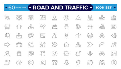 Road and traffic signs outline icons. Collection of warning, mandatory, prohibition and information traffic Street, transport, fuel, vehicle, location, car service icons. Editable stroke outline icon.